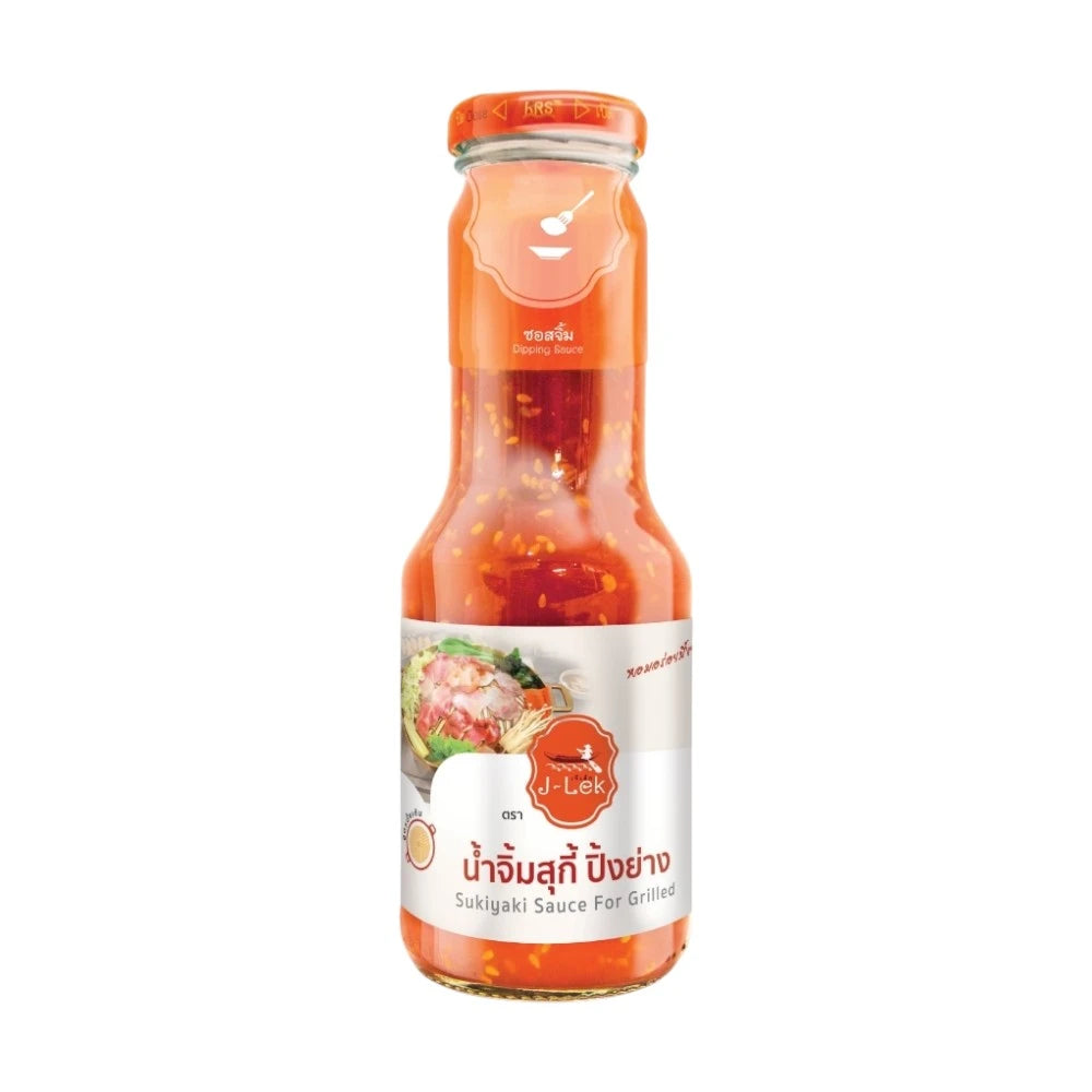 J-LEK Suki BBQ Dipping Sauce in a 350g glass bottle, featuring rich Japanese-style flavor for grilling and dipping.
