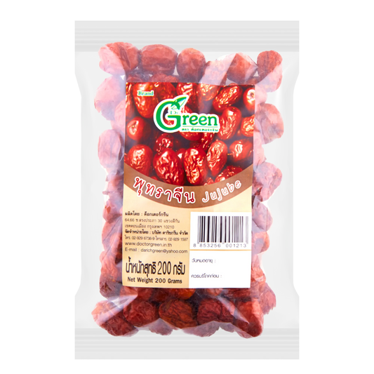 Dried Jujube Grade A by Dr.Green, 200g package, showing plump, glossy red jujubes ready for snacking or cooking.