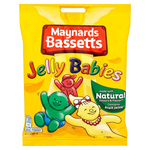 Colorful Bassetts Jelly Babies confectionery snacks in various flavors with a glossy, chewy texture.