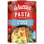 Wattie's Pasta Sauce Tomato & Herb in a glass jar, showcasing fresh tomato and herb ingredients for flavorful pasta dishes.