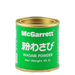 McGarrett Wasabi Powder in a clear jar, showing bright green wasabi powder, used as a spicy condiment for sushi and Asian dishes.