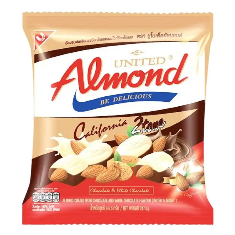United Almond 2 Tone almond coated chocolates with white and milk chocolate, 247.5g, showing coated almonds in a close-up image.