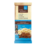 Sweet William healthy chocolate with rice crackle, showing a close-up of the chocolate bar with crispy rice pieces.