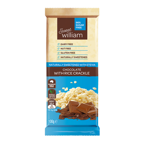 Sweet William healthy chocolate with rice crackle, showing a close-up of the chocolate bar with crispy rice pieces.