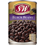 Canned S&W black beans in brine, ready for cooking or adding to recipes, with label showing product details and branding.
