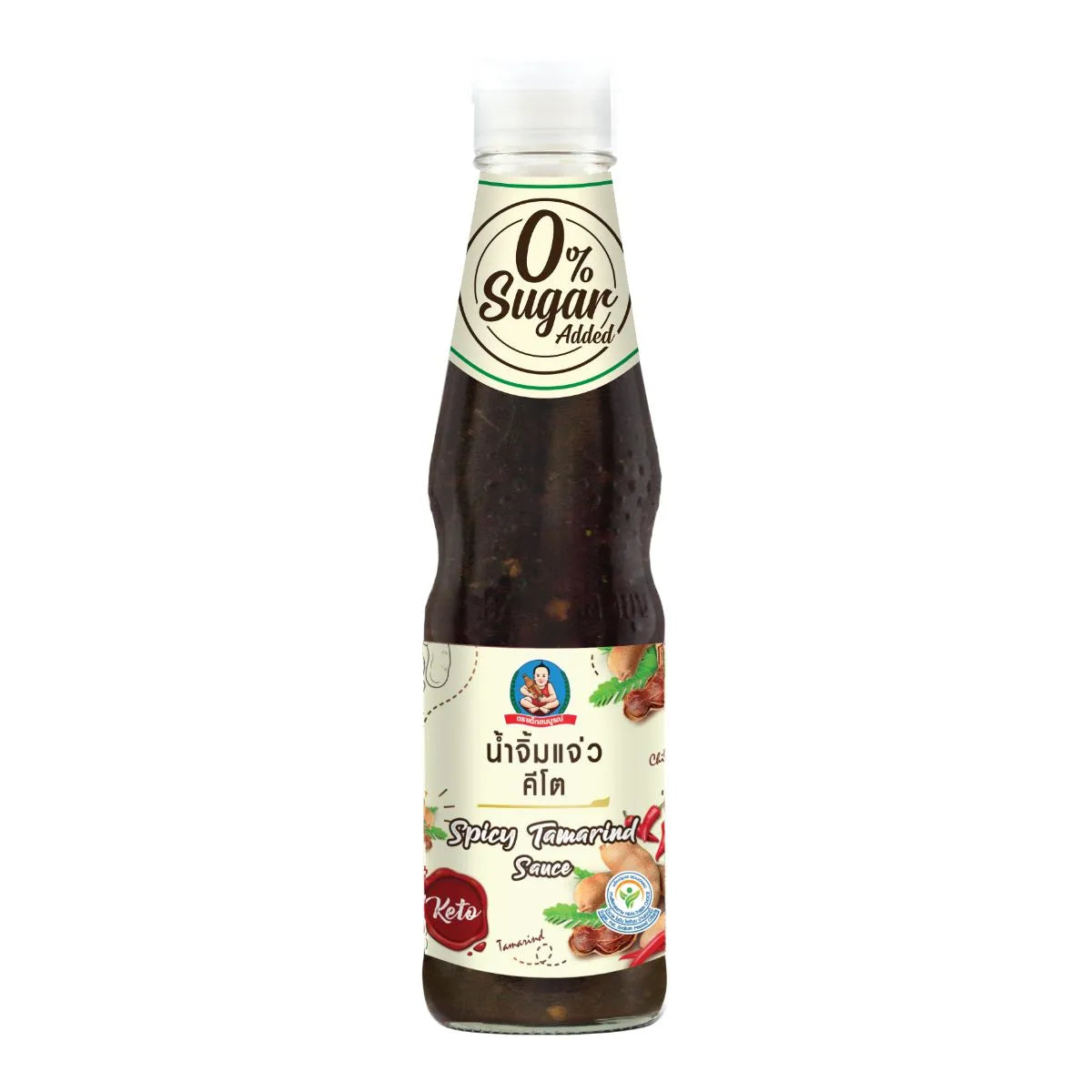 DEKSOMBOON Keto Spicy Tamarind Sauce in 320g jar, featuring rich tamarind and spicy chili flavor, suitable for keto recipes.