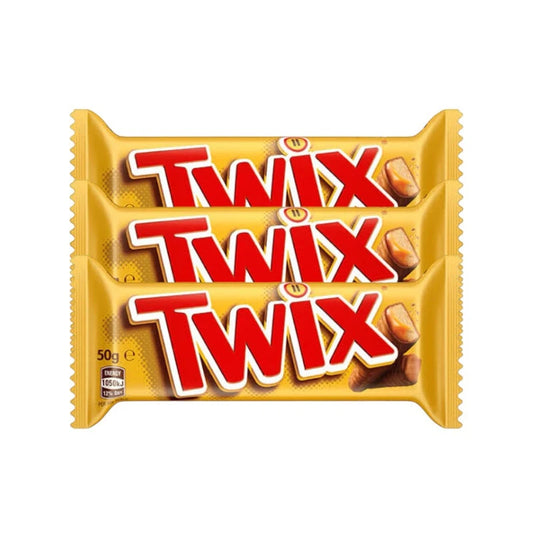 Twix twin bar pack with three 50g chocolate-covered caramel and biscuit snack bars, showcasing the Twix brand and packaging.
