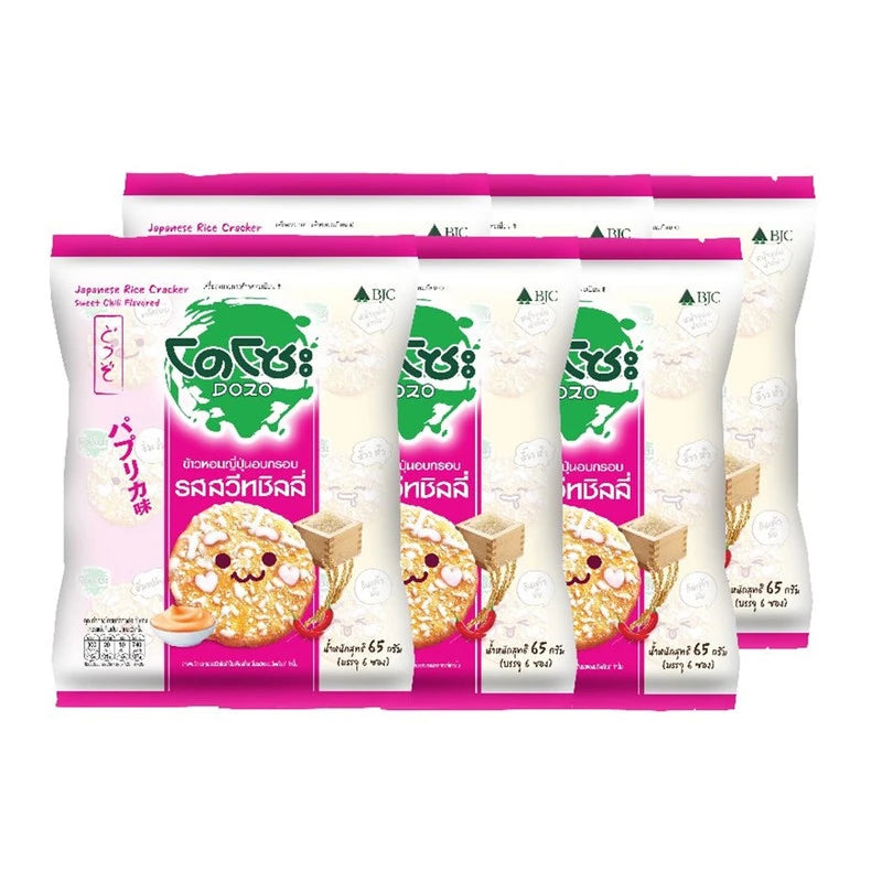 DOZO Baked Japanese Rice Crackers with Sweet Chilli flavor in a 65g package, shown in a multi-pack box.