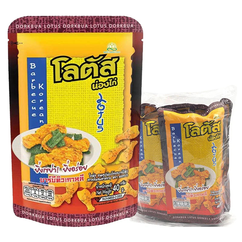 LOTUS Chicken Stick BBQ Korean Flavor, 40g x 4, showing savory grilled chicken sticks with Korean spices in packaging.