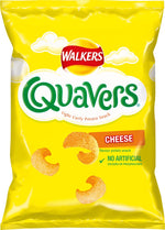 Walkers Quavers Cheese Snack bag showing crispy cheese-flavored snack curls in bright packaging.