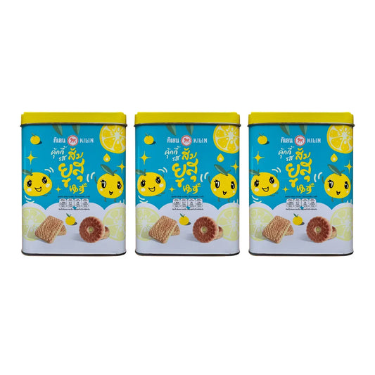 KILIN biscuits in a decorative tin with yuzu orange cream flavor, 400g pack, shown in a close-up image.