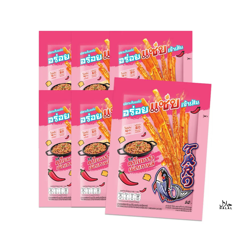 Taro spicy Korean carbonara flavored snack coated in sauce, 18g pack, shown in the image with vibrant packaging details.