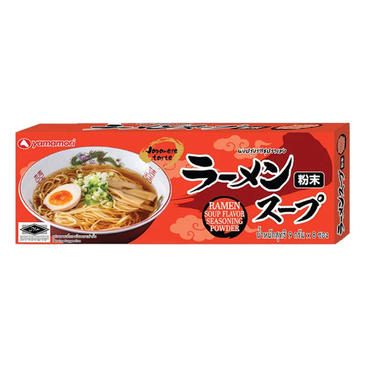 Yamamori ramen soup powder packets, 9g each, stacked in a box, featuring Japanese ramen seasoning from YAMAMORI brand.