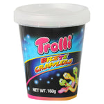 Colorful Trolli Brite Crawlers confectionery snacks with gummy worm shapes and vibrant hues on a white background.