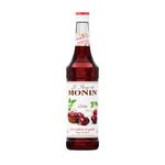 Bottle of MONIN Cherry Syrup 700ml for dry grocery, featuring clear label and dark red cherry flavor liquid inside.