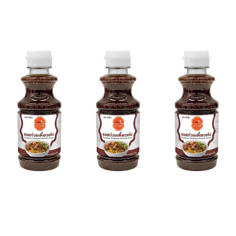 J-LEK Dry Noodle Sauce in 235g plastic bottles, pack of three, featuring rich, savory Asian noodle sauce.