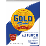 Gold Medal all purpose flour bag for baking, showing the gold packaging with brand logo and product details.