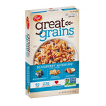 Post Great Grain Blueberry Morning cereal box, 382g, dry grocery product with blueberry-flavored breakfast cereal visible on the box
