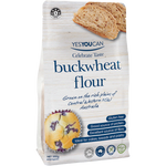 Yes You Can premium Aus buckwheat flour in a bag, showcasing a close-up of the packaging for grocery shopping.