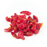 Sp grocery Sundried Tomatoes from Sp brand, close-up of dried, deep red tomatoes in a clear container.