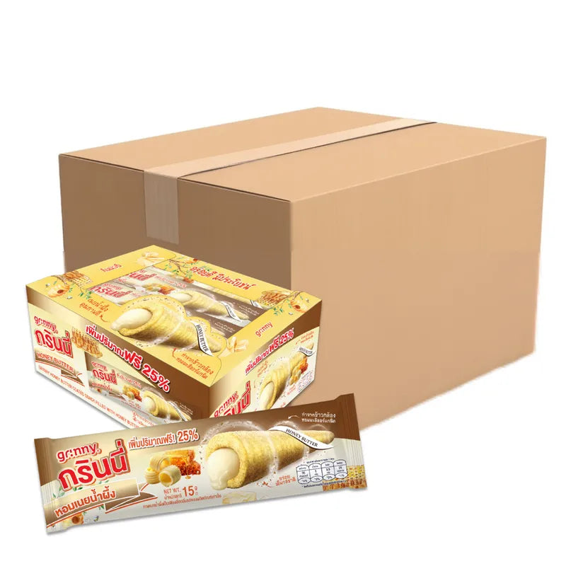 Grinny honey butter coated snack filled with creamy honey butter, 15g per piece, displayed in a box of 12 packs.