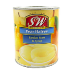 Canned S&W Pear Halves in syrup, showing shiny pear halves in a can with label and lid, ready for use in desserts or snacks.