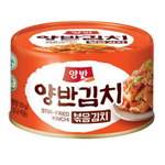 Canned Yangban Stir Fried Kimchi in a metal can, showcasing vibrant fermented vegetables ready for grocery use.
