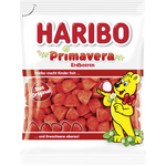 Colorful Haribo Jelly Strawberry confectionery snacks with bright red and green jelly pieces in a clear container.