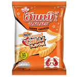 Hanami Prawn Crackers Hot Chilli Flavor, crunchy seafood snack with spicy chili seasoning, in a clear viewing of the snack pieces.