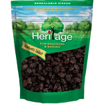 Heritage Black Raisins, chewy confectionery snack with dark, glossy raisins in a clear container, showcasing their rich color and texture.