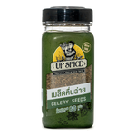 United brand celery seeds in a small grocery packet, with greenish seeds visible inside.