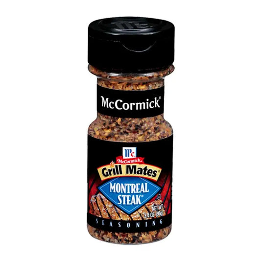 MCCORMICK Grill Mates Montreal Steak Seasoning 96g jar with label and seasoning visible on a white background.