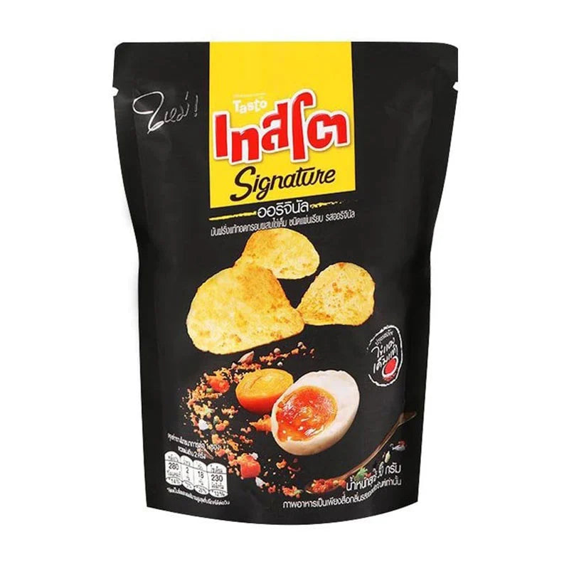 TASTO Salted Egg Potato Chips in a 50g pack, showing crispy chips with salted egg seasoning on the packaging.