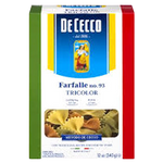Tri-color De Cecco Farfalle pasta in a clear bowl, showcasing vibrant bowtie-shaped pasta for gourmet cooking or grocery shopping.