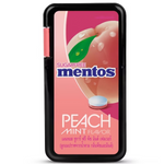 Mentos Sugarfree Peach Mint flavored candy in a clear plastic container, showcasing the colorful candies inside.