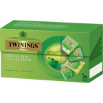 Twining Green Teas Collection drink featuring vibrant green tea leaves and packaging in a colorful box.
