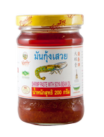 Pantainorasingh shrimp paste with bean oil in a jar, used for cooking and flavoring in Thai cuisine.