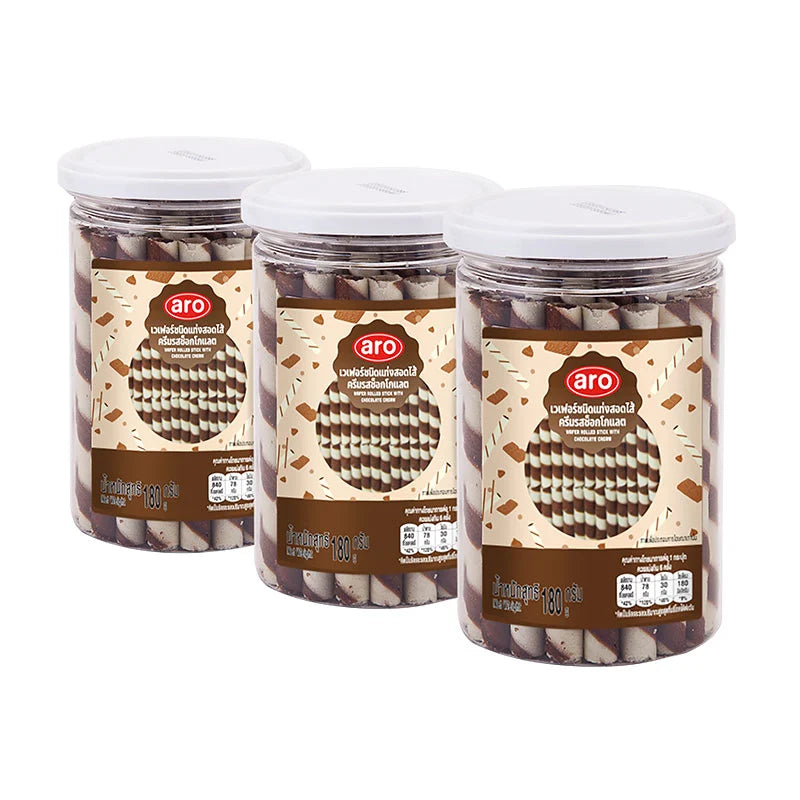 Aro Chocolate Cream Wafer Sticks in a 180g pack, featuring crunchy wafer sticks filled with chocolate cream.