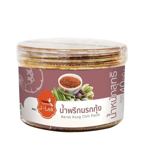 J-LEK Shrimp Nam Prik Narok chili paste in 40g jar, featuring vibrant red chili and shrimp ingredients, ready for use.