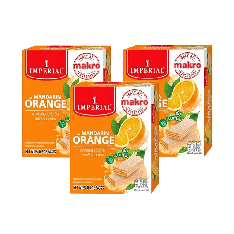 Imperial Mandarin Orange Cream Filled Wafers, 378g pack, showing crispy wafers with orange cream filling and packaging.