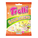 Colorful Trolli Sour Gecko gummy candies in bright green and yellow, showcasing their chewy, fun confectionery snack appearance.