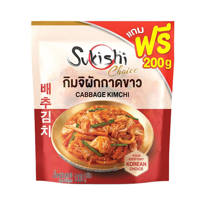 Sukishi Cabbage Kimchi in 1.3 kg jar, showing fresh fermented cabbage with red chili flakes and traditional Korean seasoning.