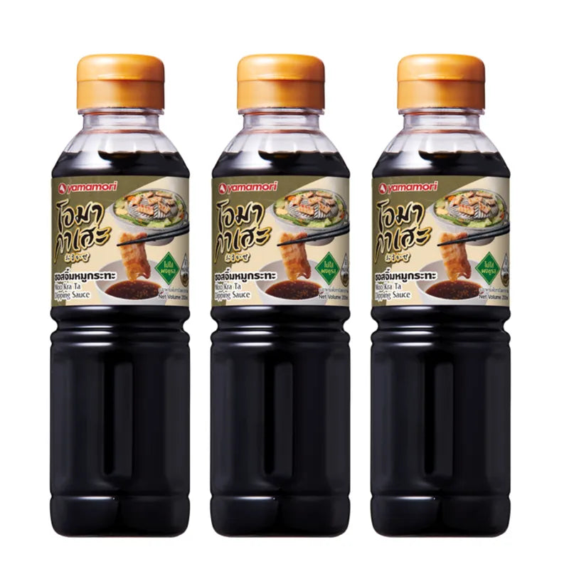 OMA KASE Moo Kra Ta dipping sauce bottles, 200 ml each, showcasing the rich, savory sauce in three containers.
