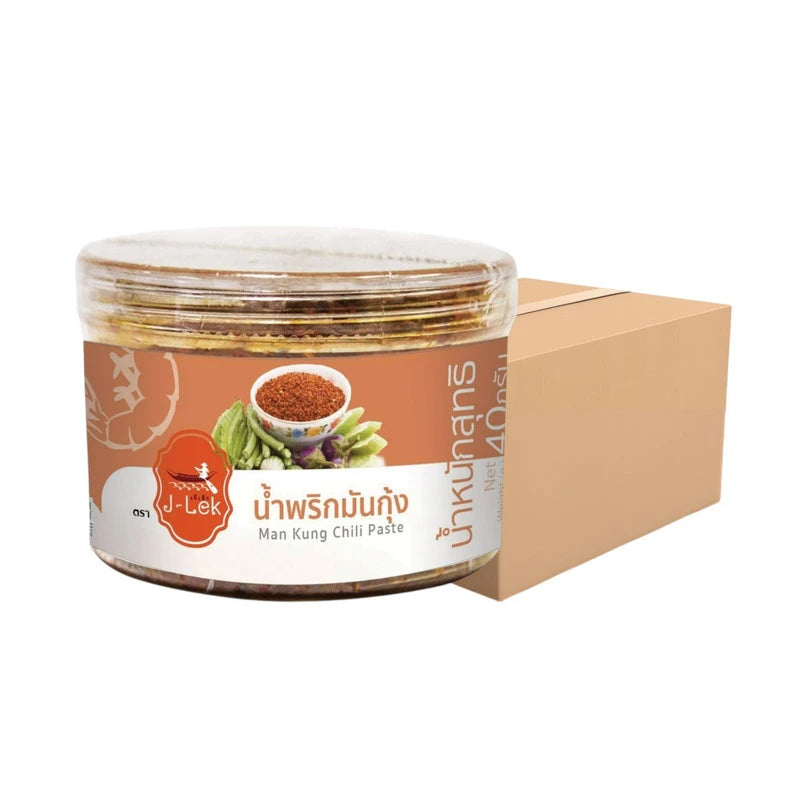J-LEK Shrimp Fat Chili Paste 40g pack, featuring vibrant red chili and shrimp ingredients in a traditional Asian condiment.