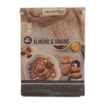 Granovibes Almond & Grains Granola in a bowl, showing crunchy oats, almonds, and grains for a healthy breakfast or snack.