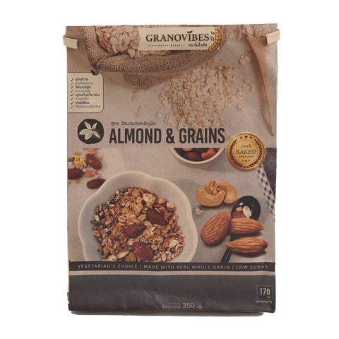 Granovibes Almond & Grains Granola in a bowl, showing crunchy oats, almonds, and grains for a healthy breakfast or snack.