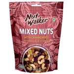 Nut Walker mixed nuts with cranberries in a clear bowl, showcasing a colorful blend of nuts and dried cranberries.