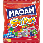 Colorful Maoam Stripes confectionery snacks featuring chewy, fruit-flavored candy sticks in vibrant rainbow colors.