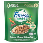 Nestle Fitness Quinoa Almond grocery package with a bowl of prepared quinoa and almonds on a white background.