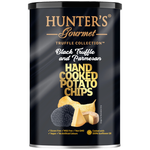 Hunter's Black Truffle and Parmesan Potato Chips, savory confectionery snacks with black truffle and Parmesan flavoring.